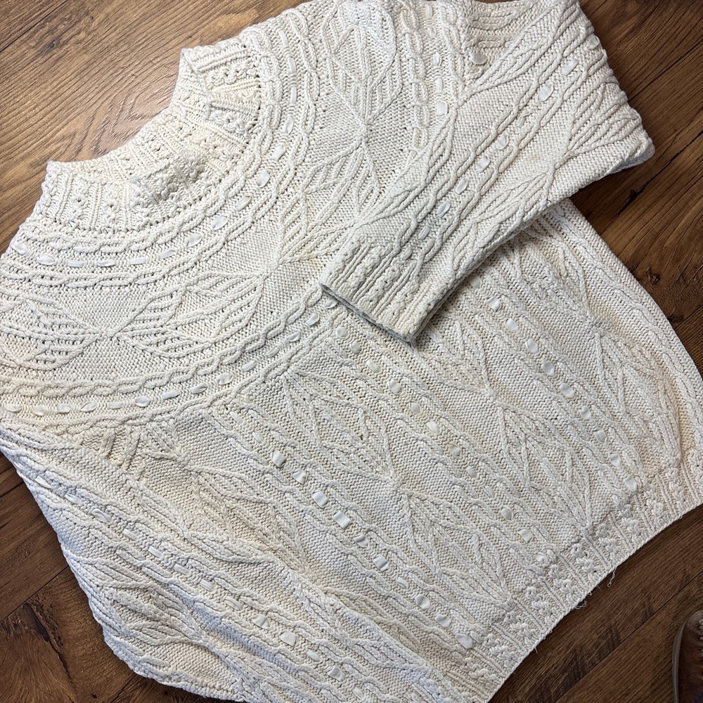 VTG 90s Knit Cable Sweater Cotton Cottagecore Boho‎ Mock Neck Cotton Womens XS